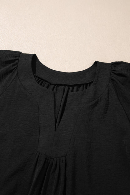 Black Plus Size Solid Color Notched Neck Short Sleeve Loose Dress - Cowaa