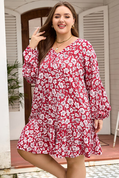 Purple Plus Floral Balloon Sleeve V Neck Relaxed Dress