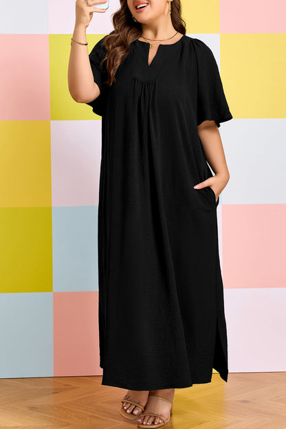 Black Plus Size Solid Color Notched Neck Short Sleeve Loose Dress - Cowaa