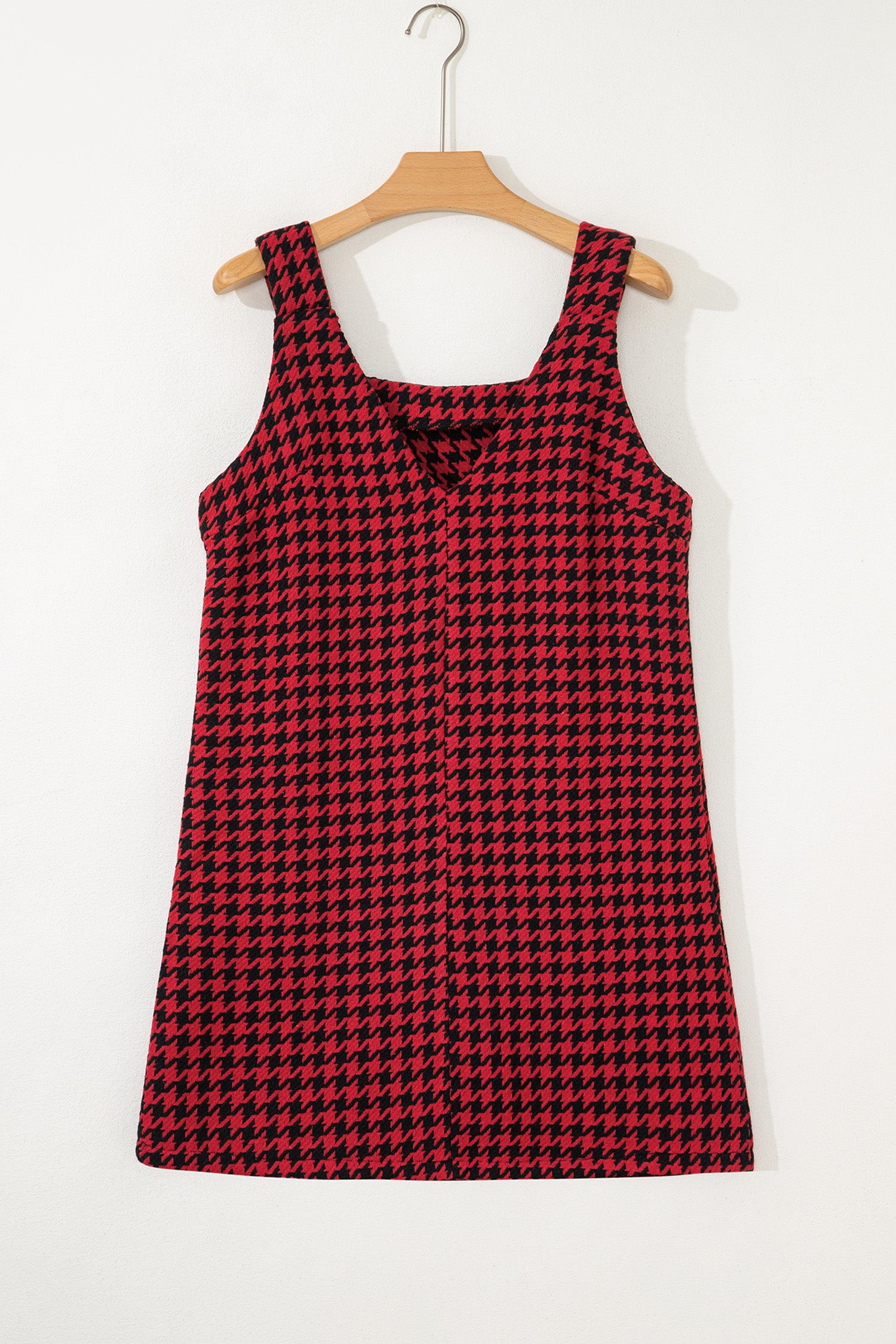 Red Houndstooth Print V Neck Sleeveless Mini Dress - Cowaa