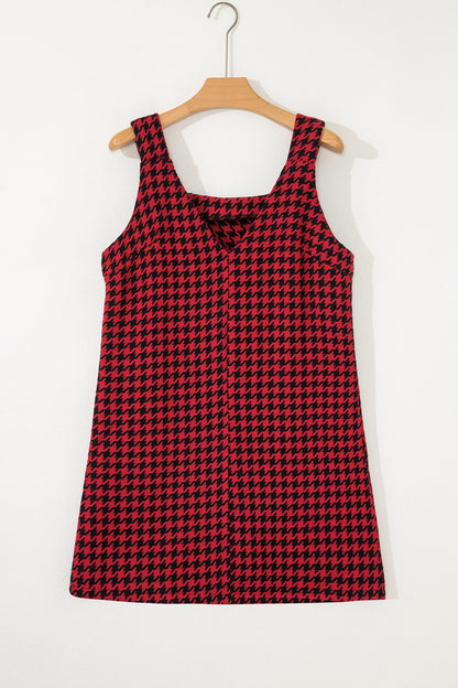Red Houndstooth Print V Neck Sleeveless Mini Dress - Cowaa