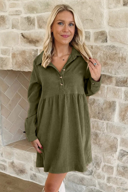 Vineyard Green Corduroy Half Button Collared Long Sleeve Mini Dress - Cowaa