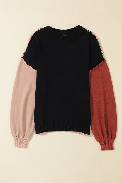Bishop Sleeve Exposed Seam Ribbed Trim Sweater - Cowaa