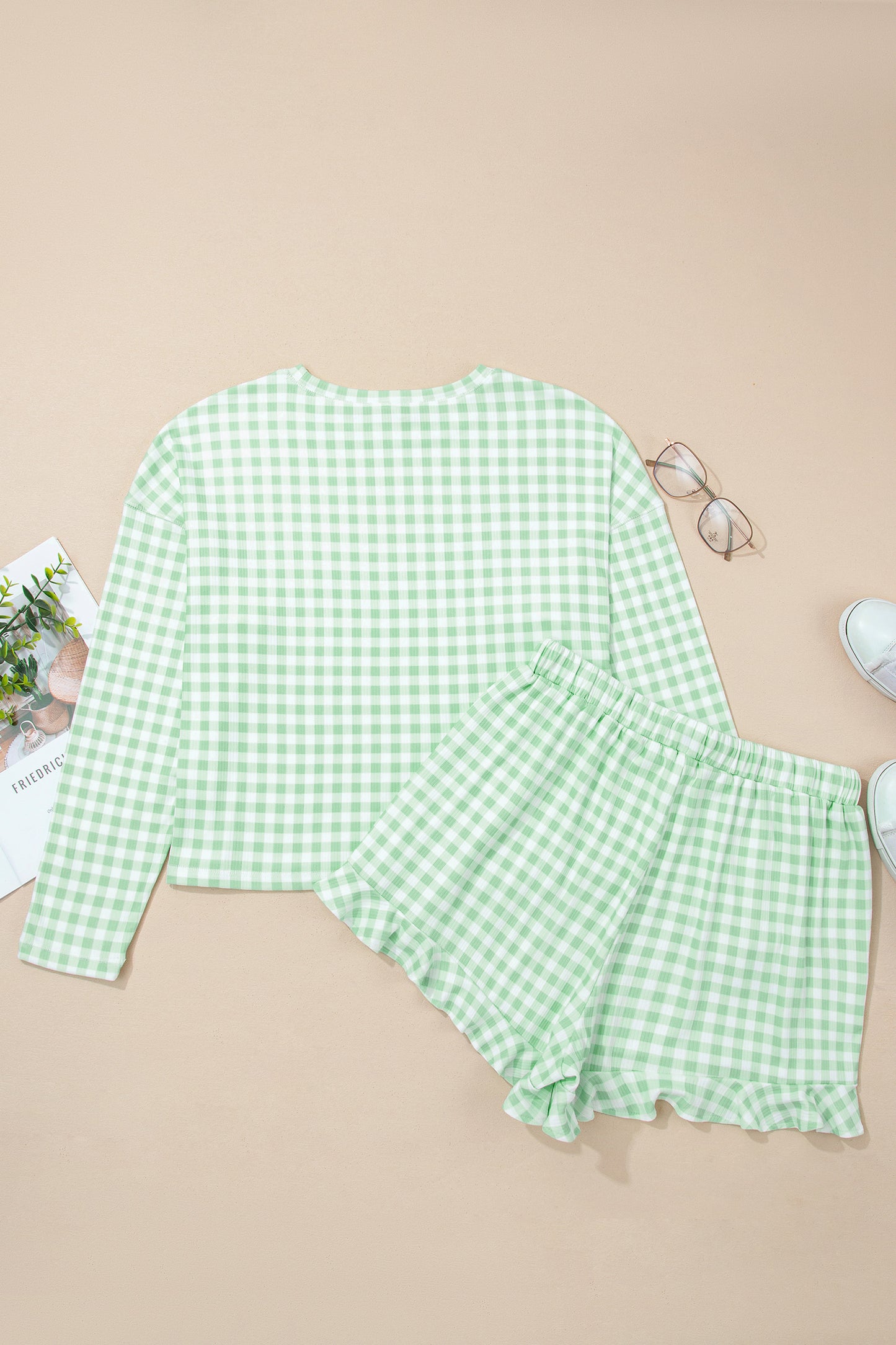 Green Gingham Long Sleeve Loose Top Drawstring Shorts 2pcs Lounge Set - Cowaa