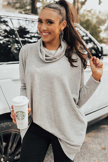 Cowl Neck Loose Fit Tunic Long Sleeve Top - Cowaa