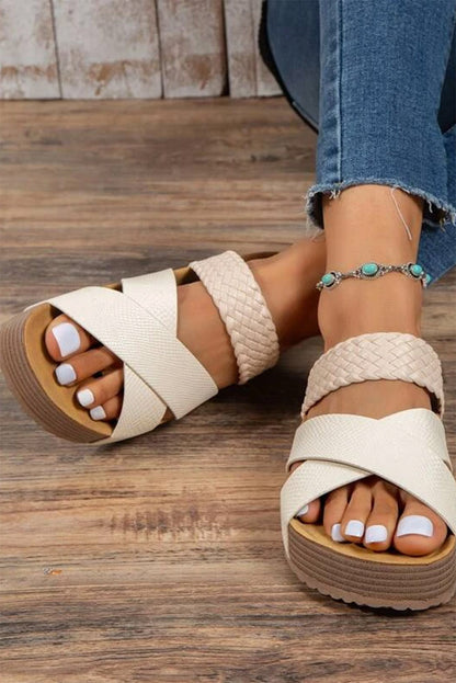 Beige Braided Detail Criss Cross Platform Sandals - Cowaa