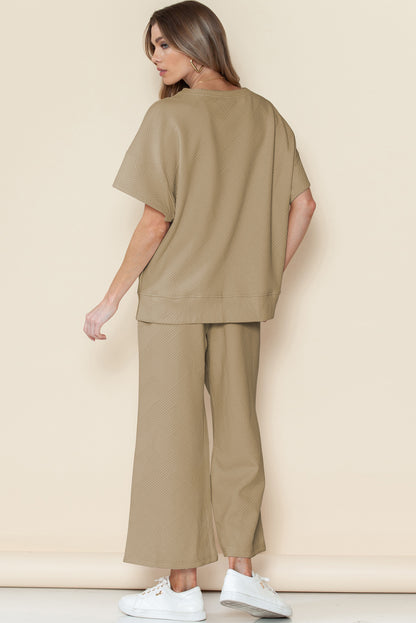 Navy Blue Textured Loose Fit T Shirt and Drawstring Pants Set - Cowaa