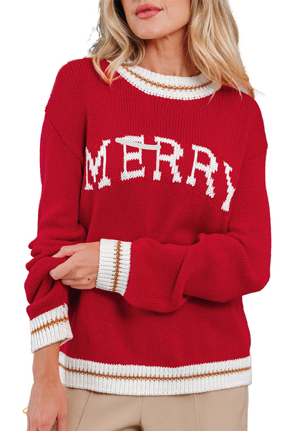 Fiery Red MERRY Color Block Edge Drop Shoulder Cozy Sweater - Cowaa