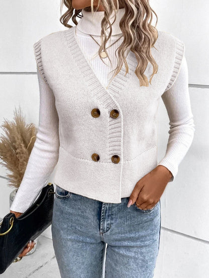 Full Size Button Up V-Neck Sweater Vest - Cowaa