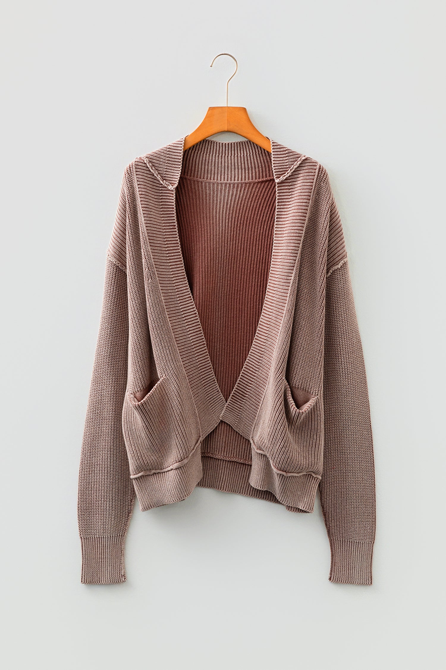 Chestnut Mineral Wash Exposed Seam Patchwork Knit Open Sweater Cardigan - Cowaa