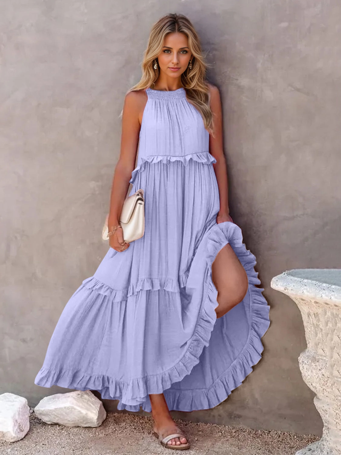Ruffled Sleeveless Tiered Maxi Dress with Pockets - Cowaa