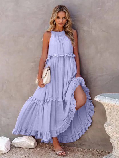 Ruffled Sleeveless Tiered Maxi Dress with Pockets - Cowaa
