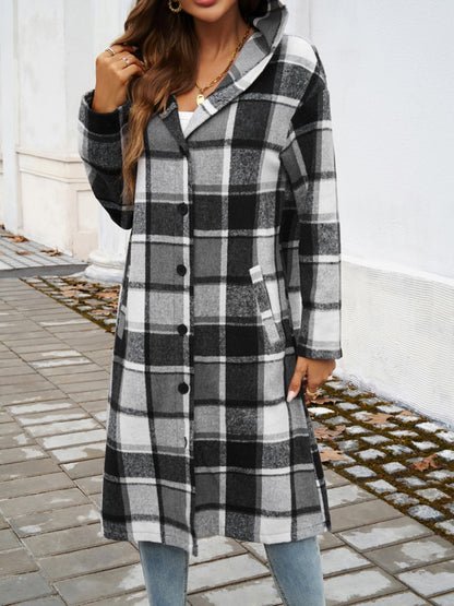 Devine Plaid Long Sleeve Hooded Coat - Cowaa