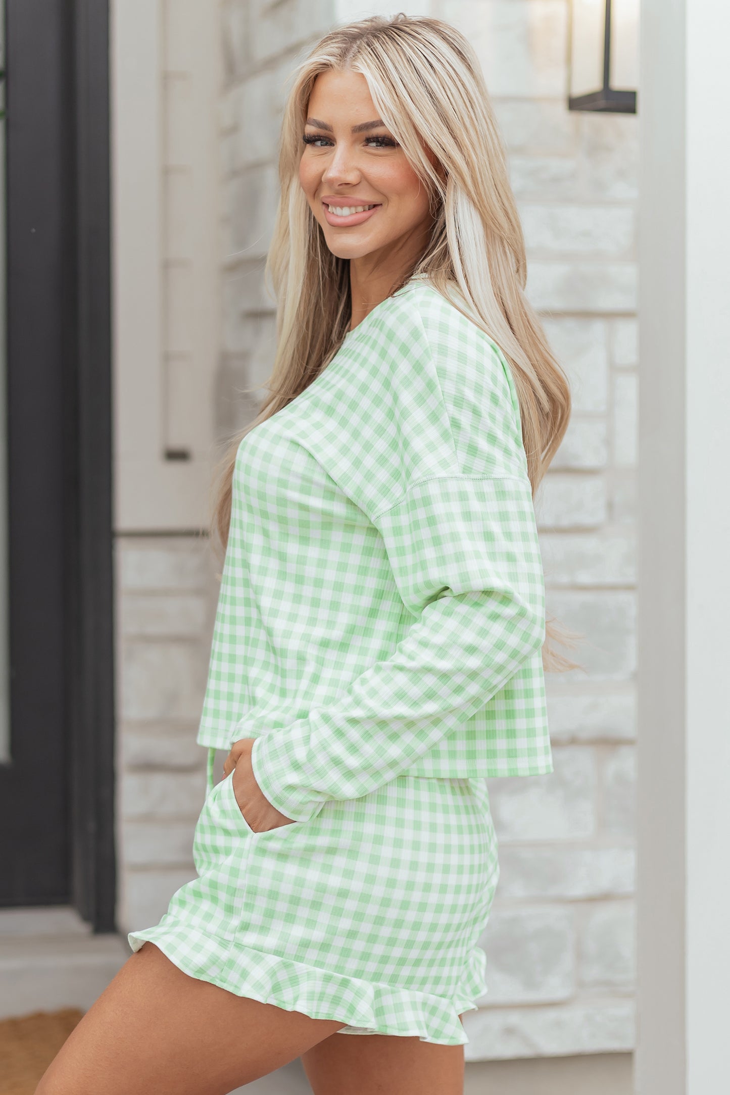 Green Gingham Long Sleeve Loose Top Drawstring Shorts 2pcs Lounge Set - Cowaa