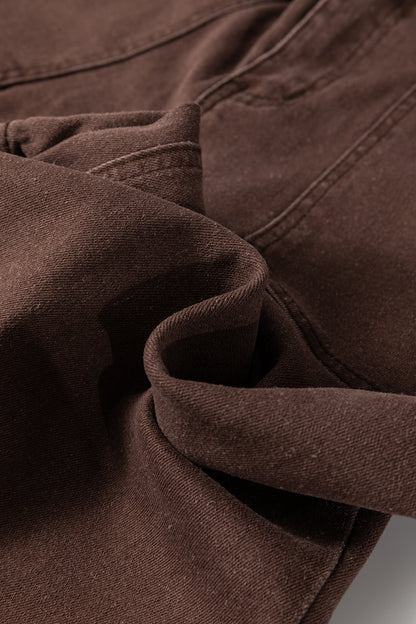 Dark Brown Retro Washed Patch Pocket Wide Leg Loose Jeans - Cowaa
