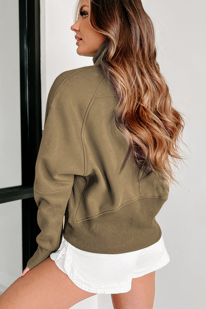 Brown Zip Up Stand Collar Thumbhole Sleeve Sweatshirt - Cowaa