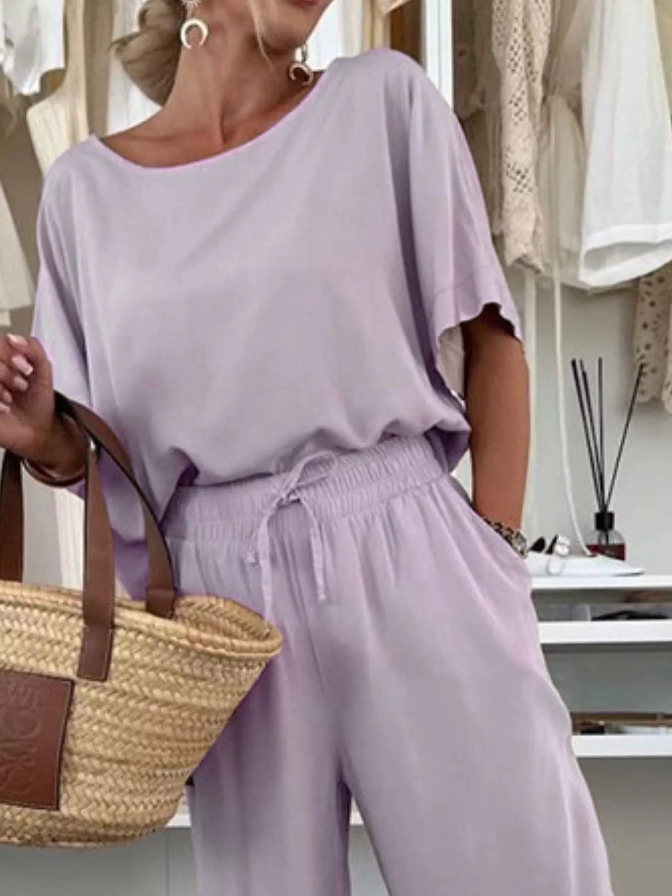 Full Size Casual Loose Round Neck Top and Pants Two-Piece Set Plus Size.