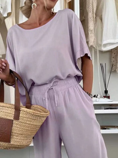 Full Size Casual Loose Round Neck Top and Pants Two-Piece Set Plus Size.