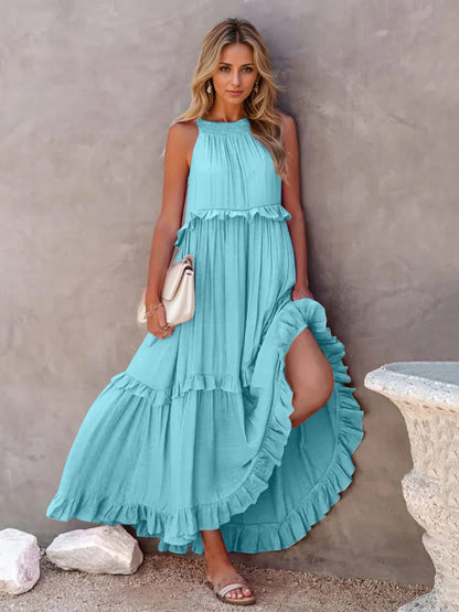 Ruffled Sleeveless Tiered Maxi Dress with Pockets - Cowaa
