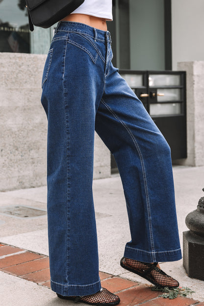 Sail Blue Stitched Waist Detail Loose Cuffed Jeans - Cowaa