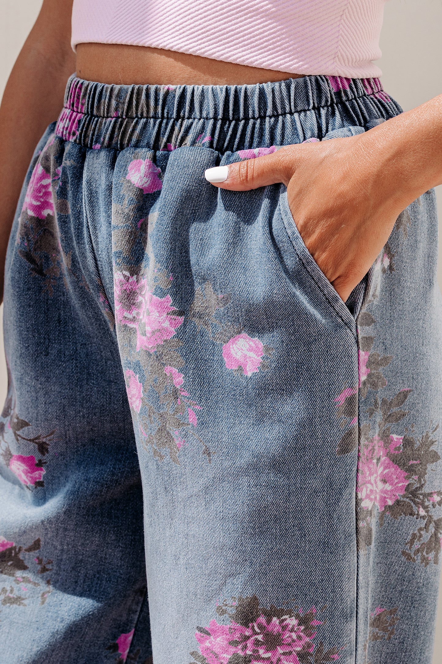 Beau Blue Floral Print Elastic Waist Pull On Casual Jeans - Cowaa