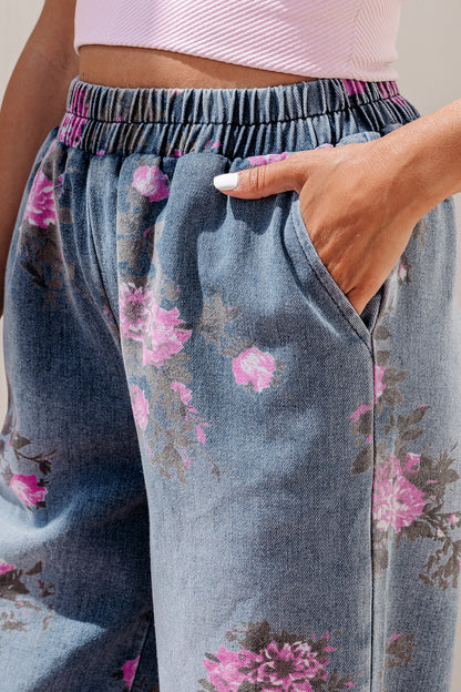 Beau Blue Floral Print Elastic Waist Pull On Casual Jeans - Cowaa