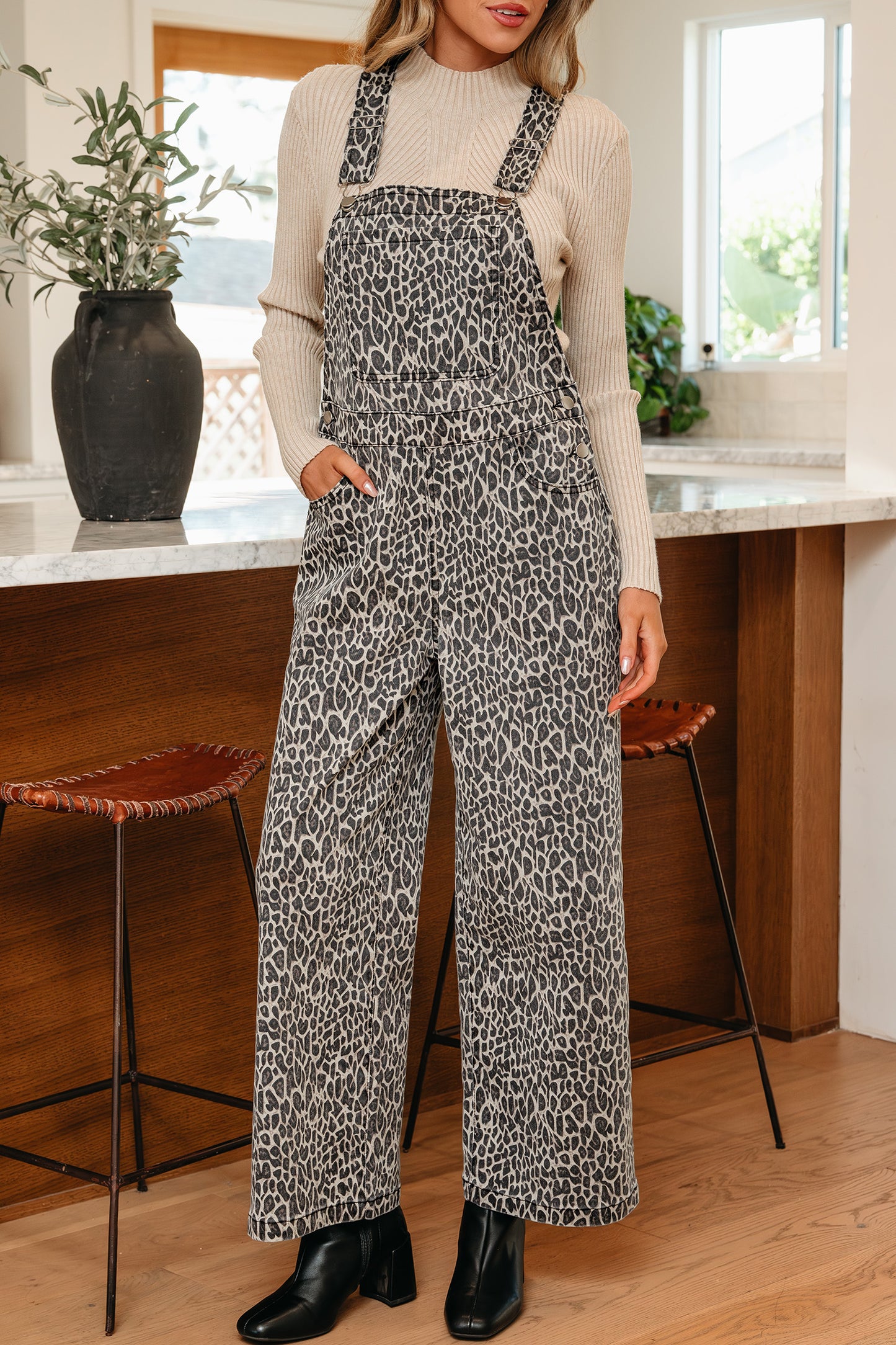 Brown Leopard Print Straight Leg Loose Denim Overall Jumpsuit - Cowaa