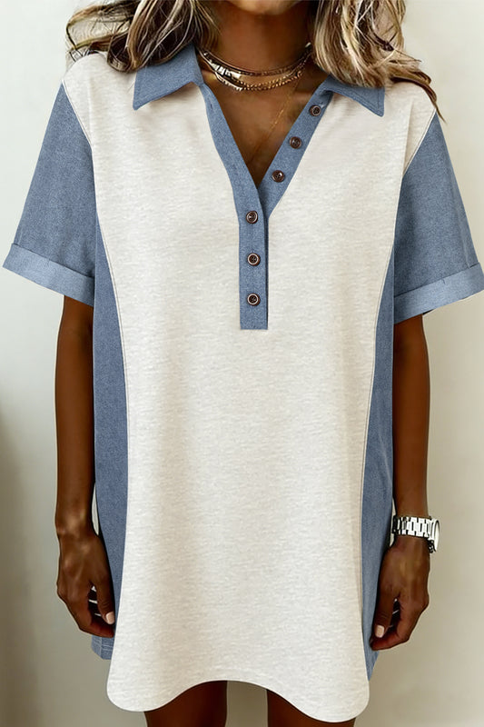 Light Grey Denim Color Block Patchwork Button Polo Collar T Shirt Tunic Dress - Cowaa
