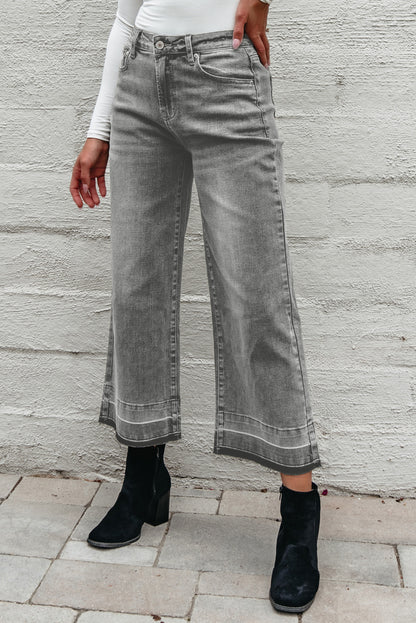 Gray Raw Hem Straight Leg Loose High Waist Jeans.