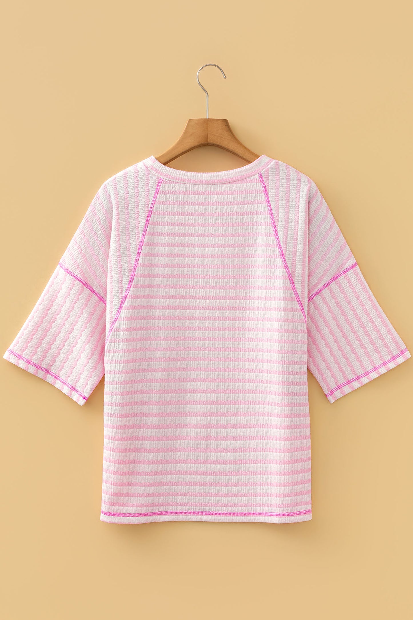 Pink Stripe Textured Knit Split Hem Half Sleeve Loose Top - Cowaa