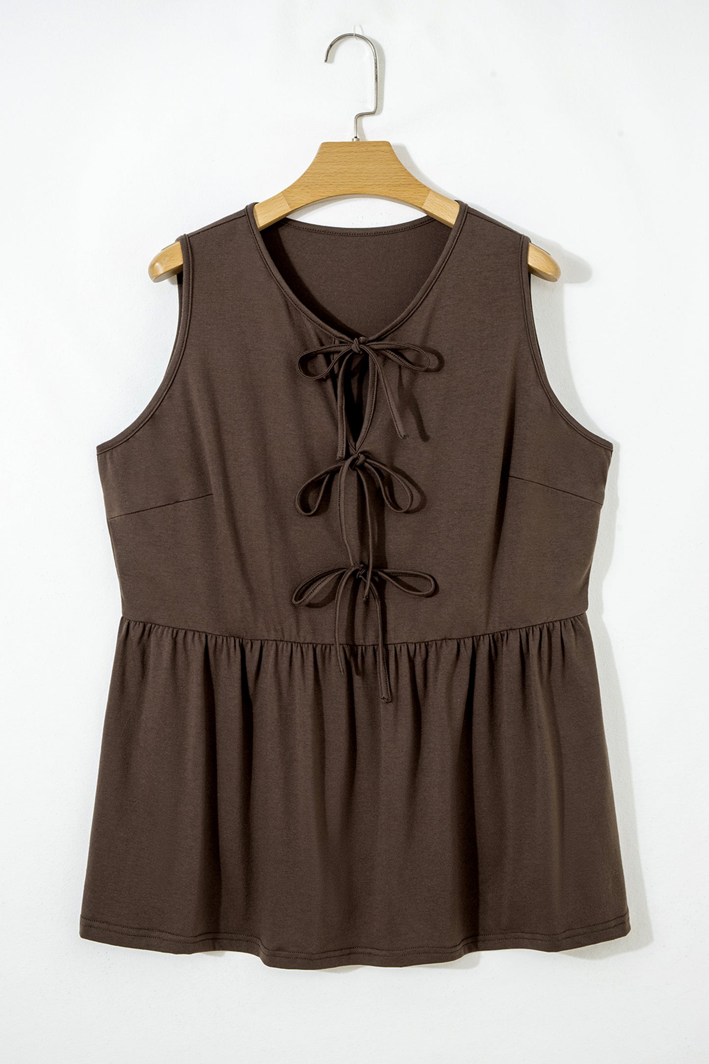 Coffee Plus Size Solid Color Bow Tie Peplum Tank Top - Cowaa