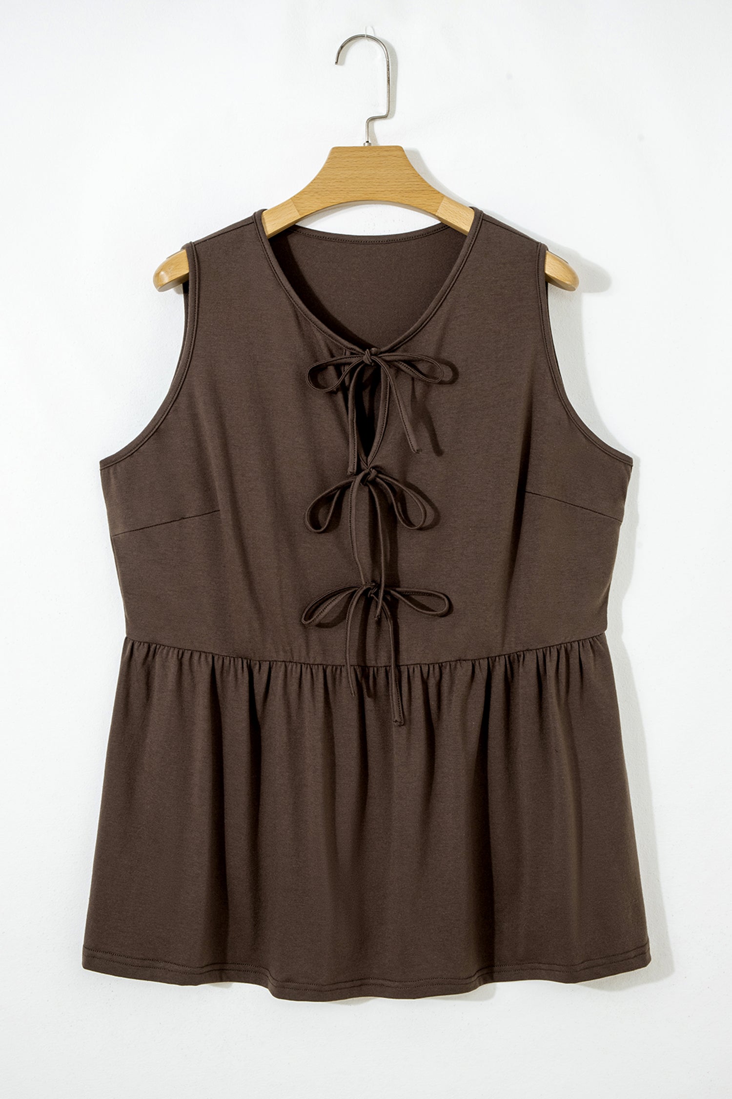 Coffee Plus Size Solid Color Bow Tie Peplum Tank Top - Cowaa