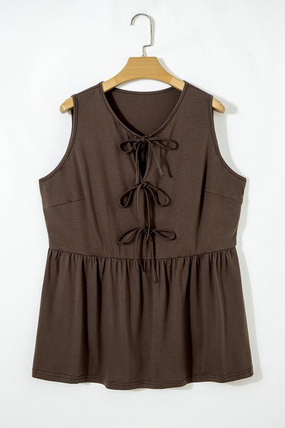 Coffee Plus Size Solid Color Bow Tie Peplum Tank Top - Cowaa
