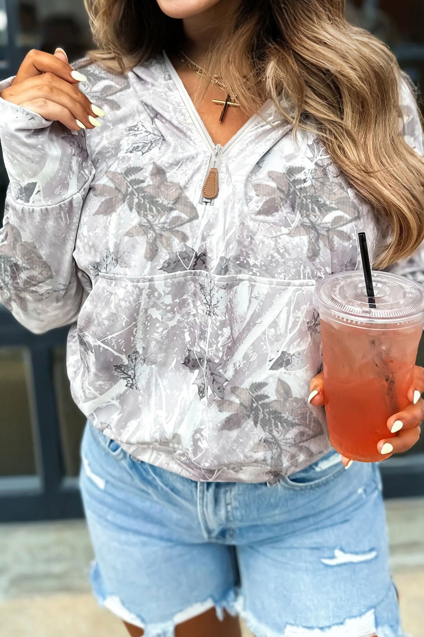 Gray Camo Leaf Print Kangaroo Pocket Quarter Zip Hoodie