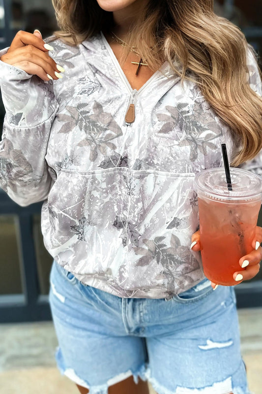 Gray Camo Leaf Print Kangaroo Pocket Quarter Zip Hoodie