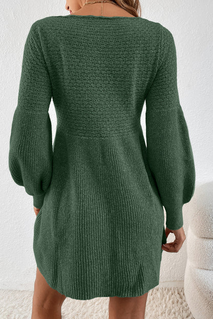 Mist Green Solid Lantern Sleeve Empire Waist Short Sweater Dress - Cowaa