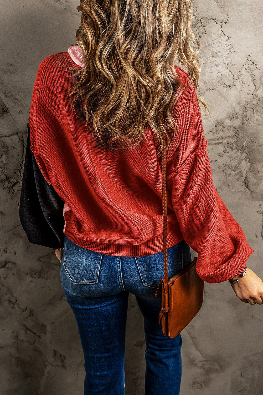 Bishop Sleeve Exposed Seam Ribbed Trim Sweater - Cowaa