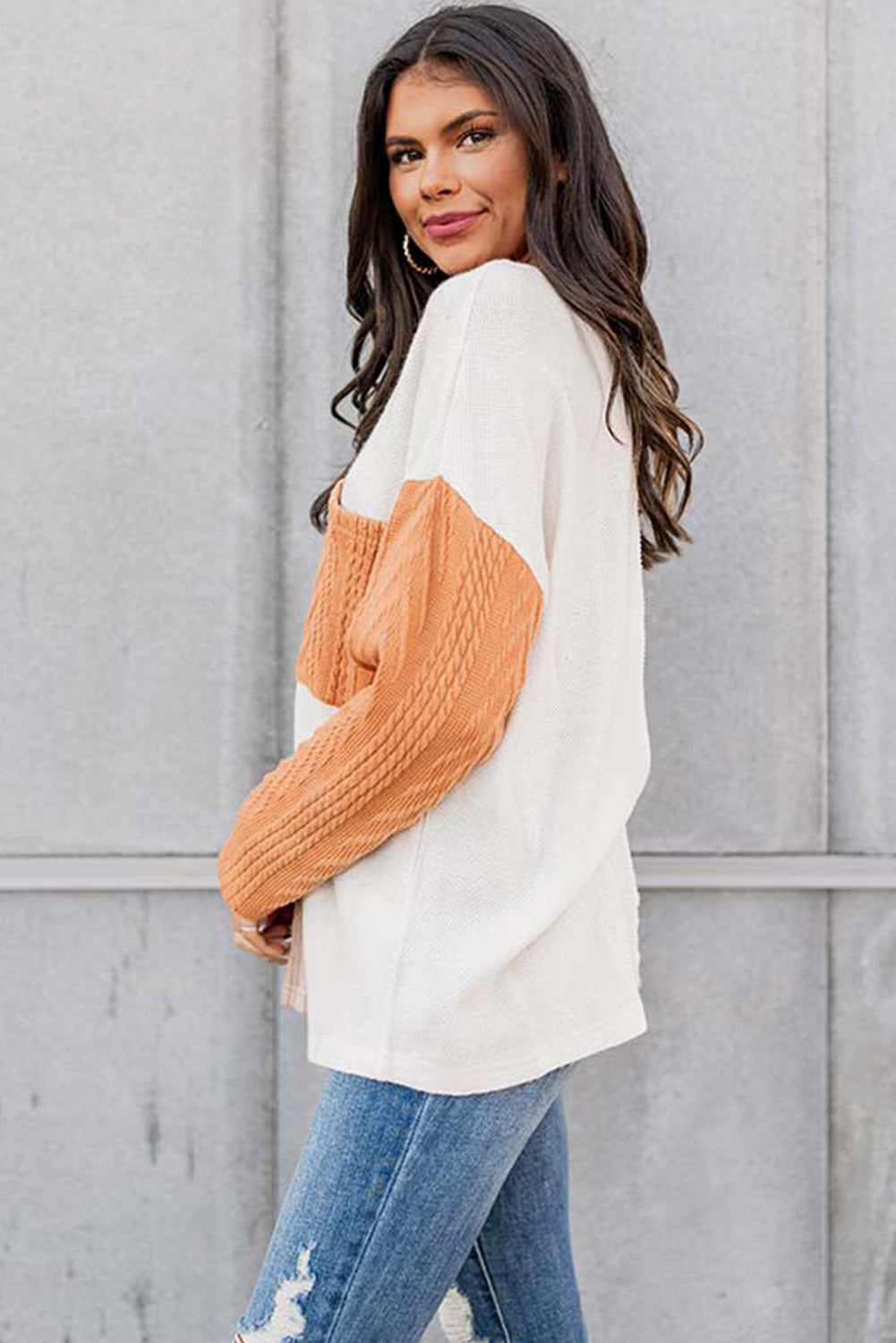 Long Sleeve Colorblock Chest Pocket Textured Knit Top - Cowaa