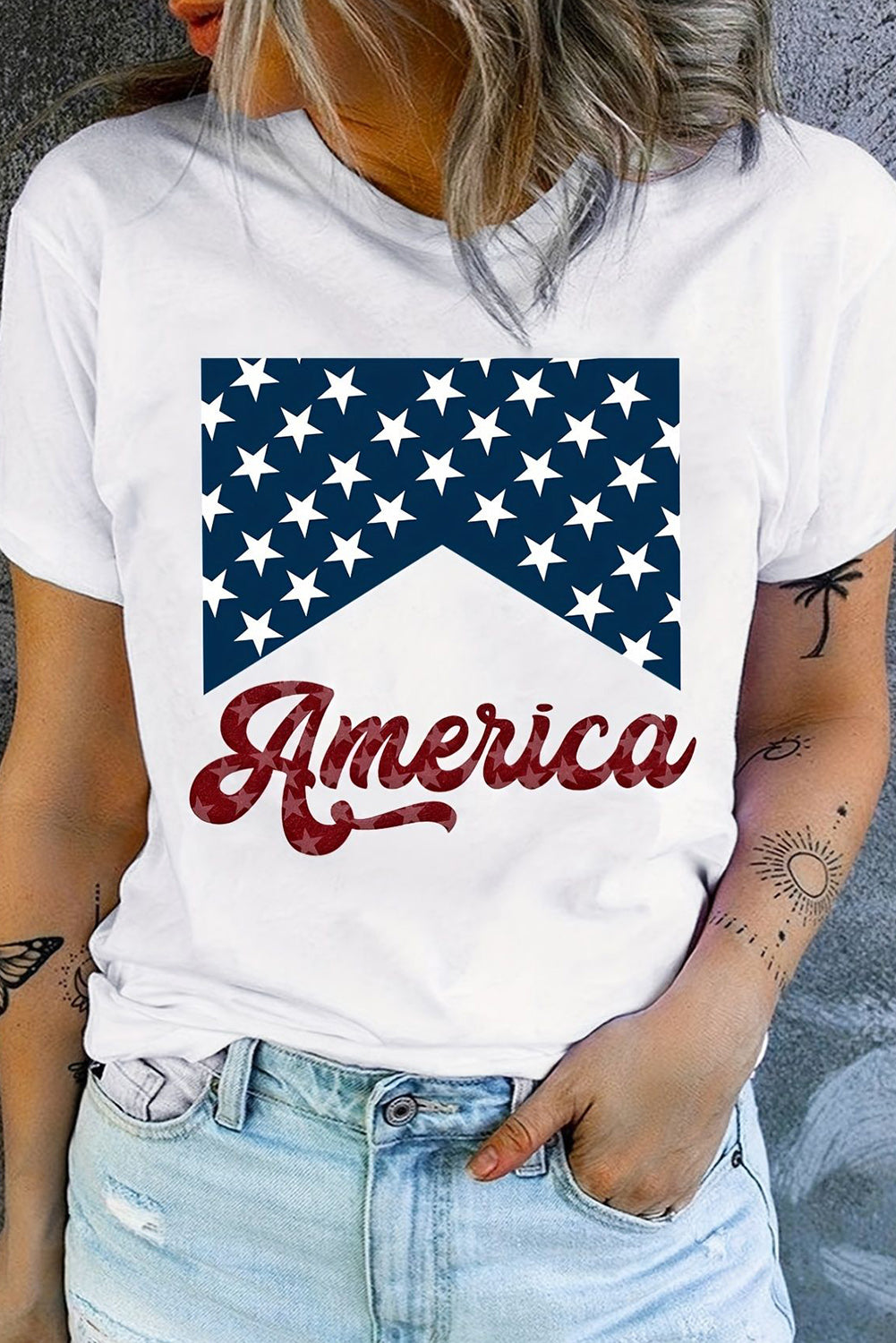 White Casual America Stars Graphic Crew Neck T Shirt - Cowaa