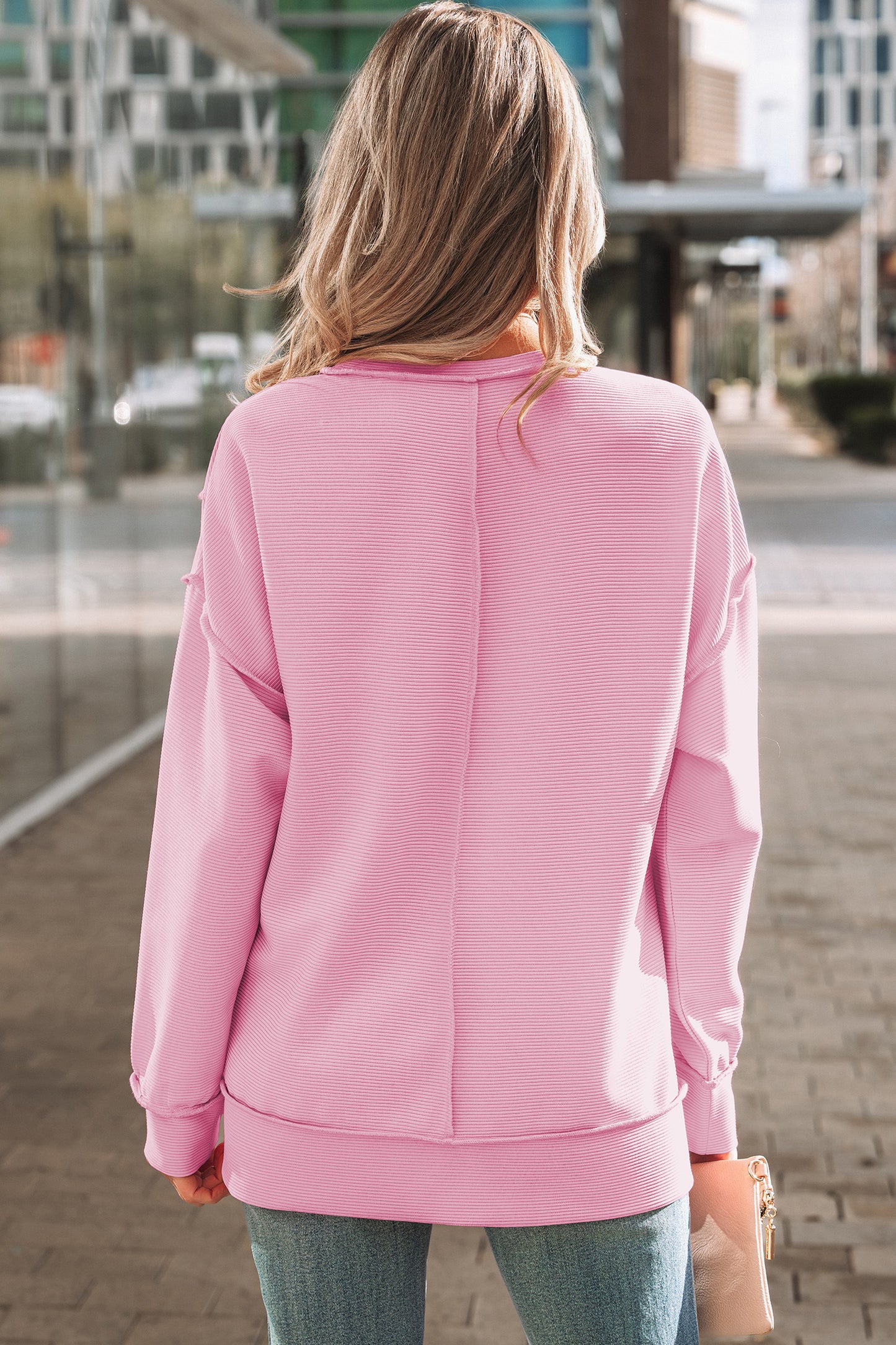Pink Horizontal Ribbed Exposed Seam Detail Drop Shoulder Baggy Pullover - Cowaa