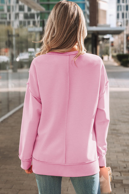 Pink Horizontal Ribbed Exposed Seam Detail Drop Shoulder Baggy Pullover - Cowaa