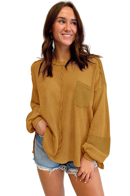 Crinkle Patchwork Long Sleeve Top - Cowaa