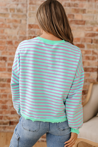 Green Stripe Exposed Seam Contrast Ribbed Trim Oversize Sweatshirt
