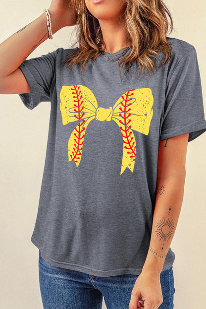Gray Casual Baseball Bowknot Graphic Roll Up Sleeve Tee - Cowaa