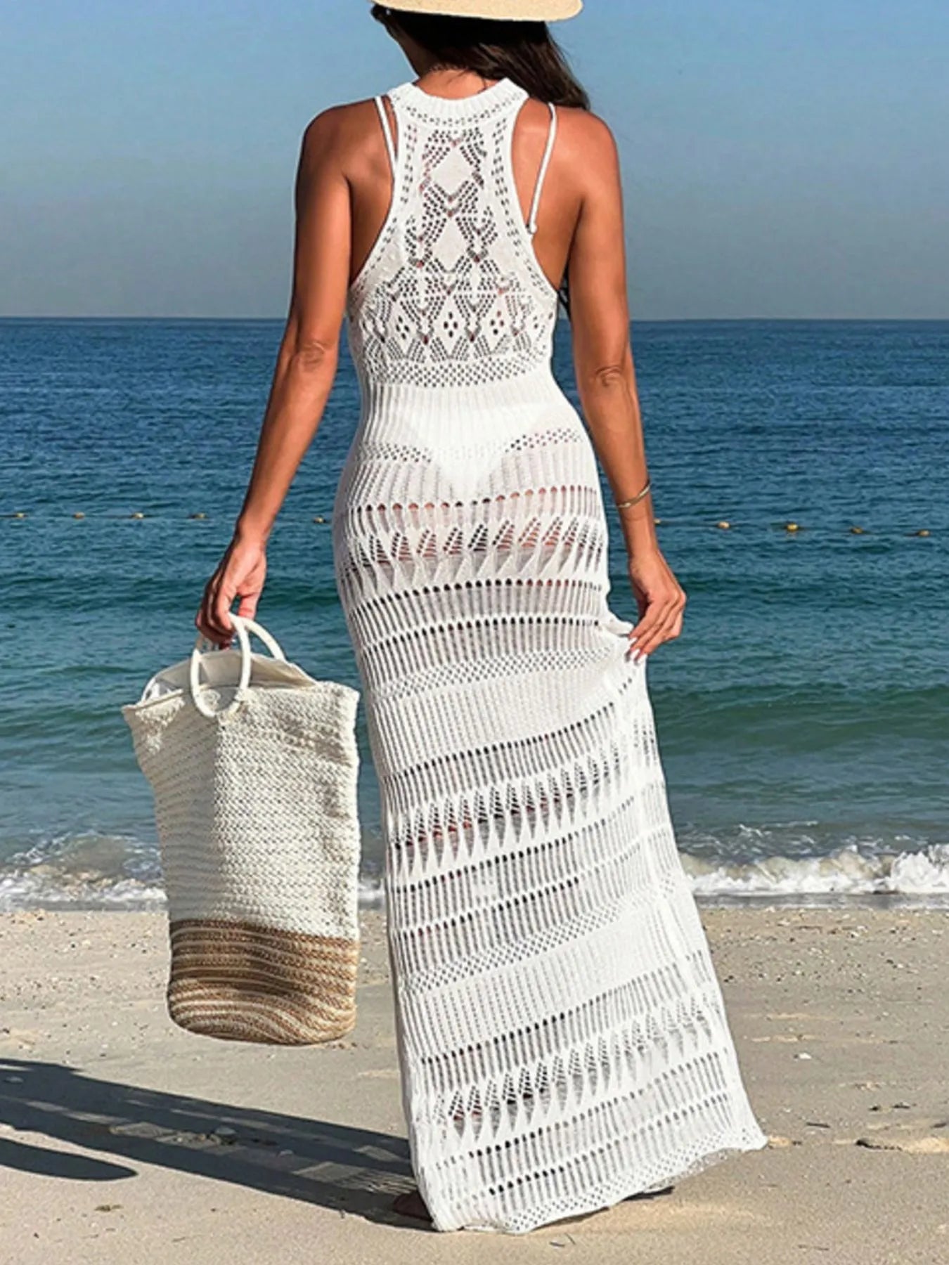 Crochet Sleeveless Split Cover-Up Maxi Dress.