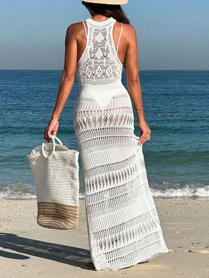 Crochet Sleeveless Split Cover-Up Maxi Dress.