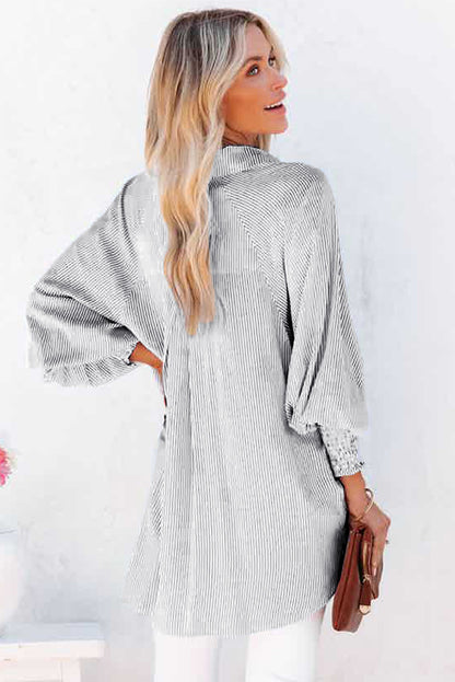 Black Striped Casual Shirred Cuffs Shirt - Cowaa