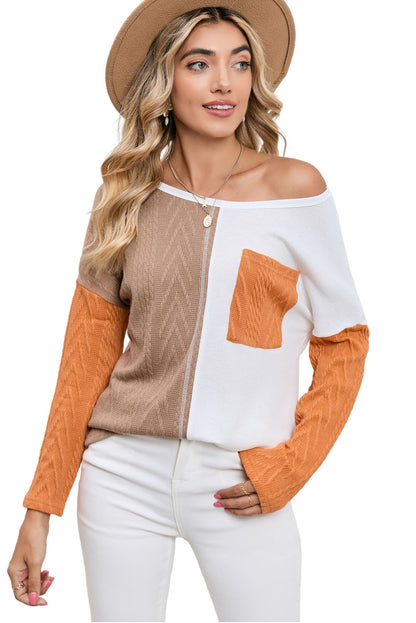 Long Sleeve Colorblock Chest Pocket Textured Knit Top - Cowaa