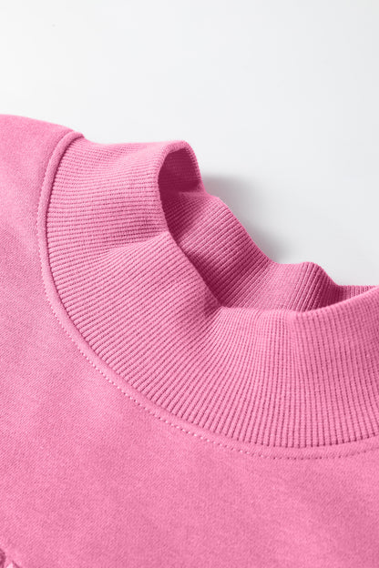 Bright Pink Oversize Blessed Embroidered Mock Neck Sweatshirt - Cowaa