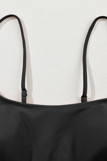 Black Striped Patchwork Spaghetti Strap High Waist Bikini Set - Cowaa